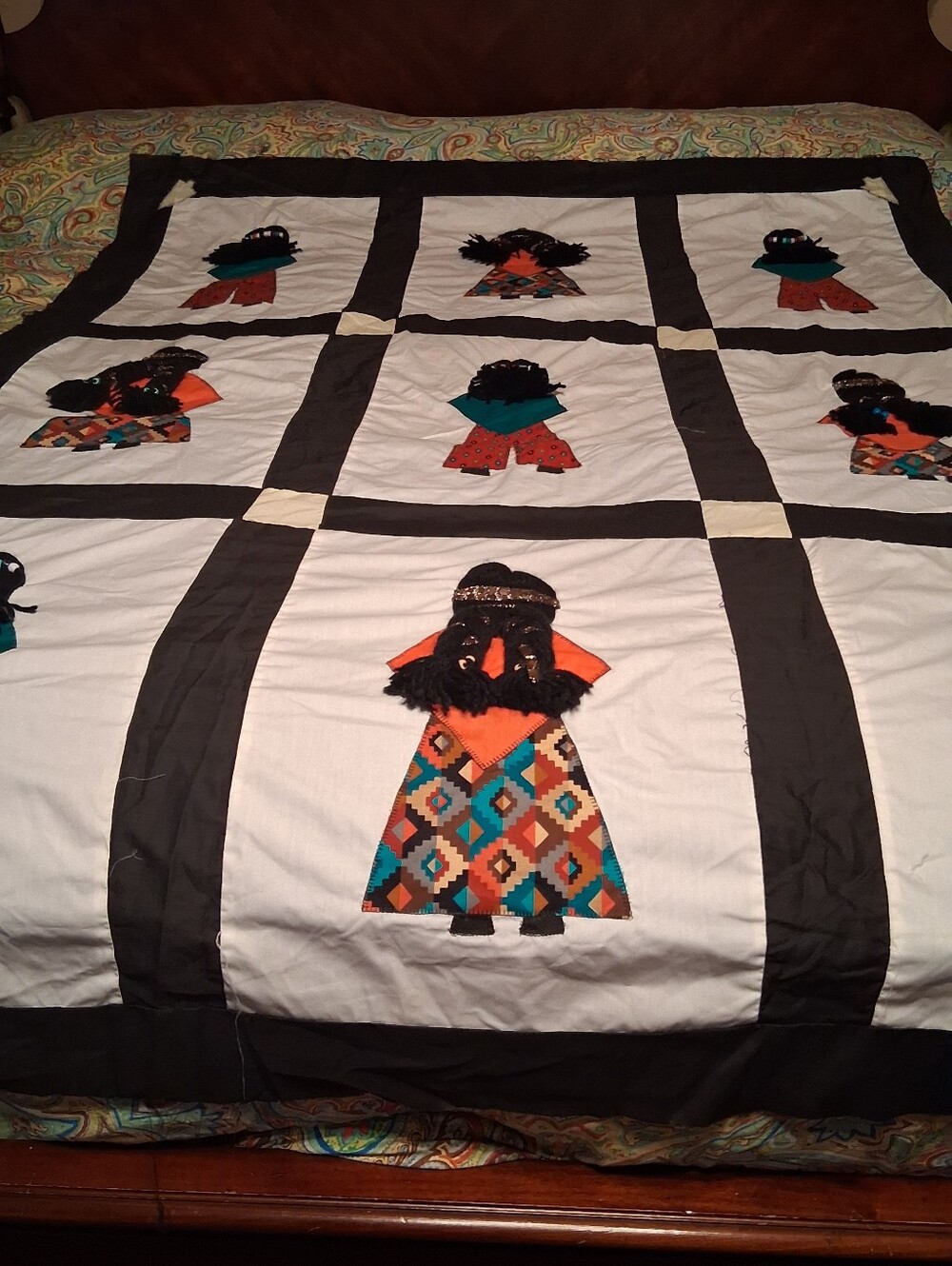 Handcrafted Vintage Patchwork Quilt Top in Black and Multi-Color. 73x55